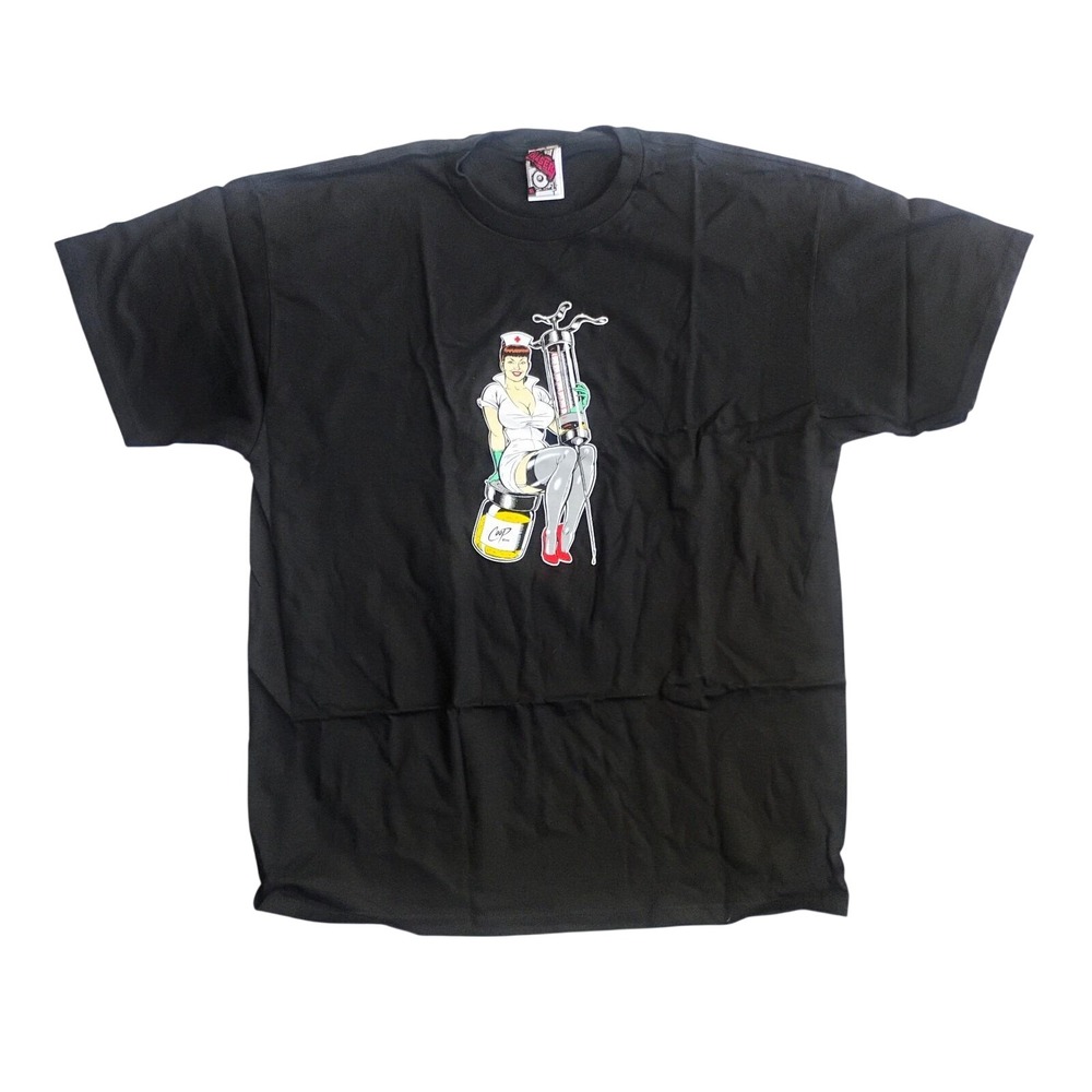 Coop Art Poster Pop Sexy Nurse Pinup Graphic Black T-Shirt SZ XL Vtg y2k 90s nos